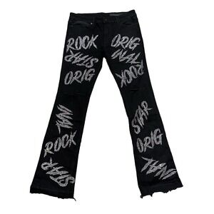 Rockstar Original Cato Graphic Stacked Flared Jeans Black Rhinestone Mens 36